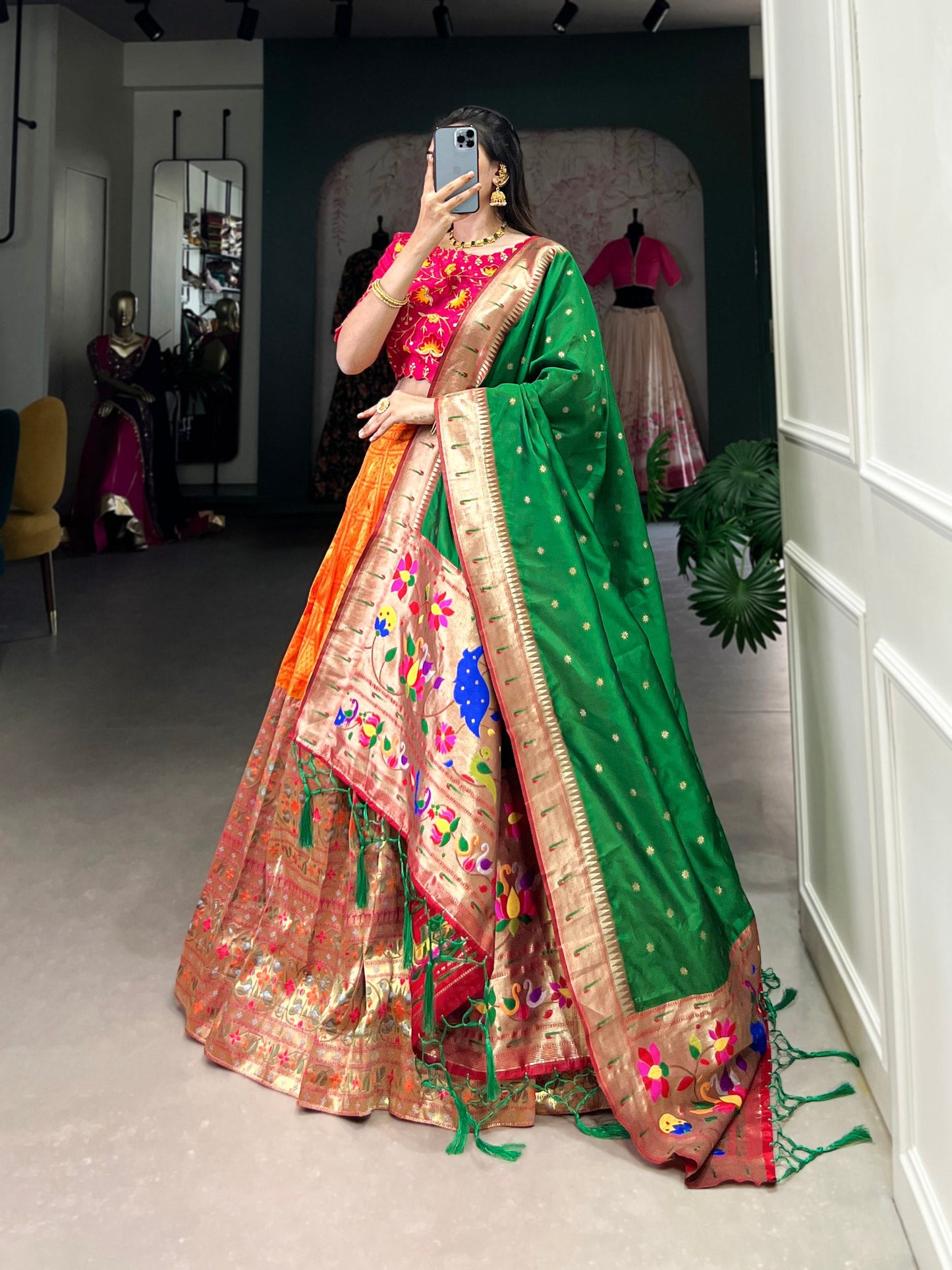 Orange Paithani Jacquard Silk Lehenga