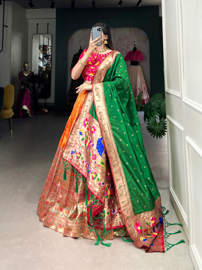 Orange Paithani Jacquard Silk Lehenga