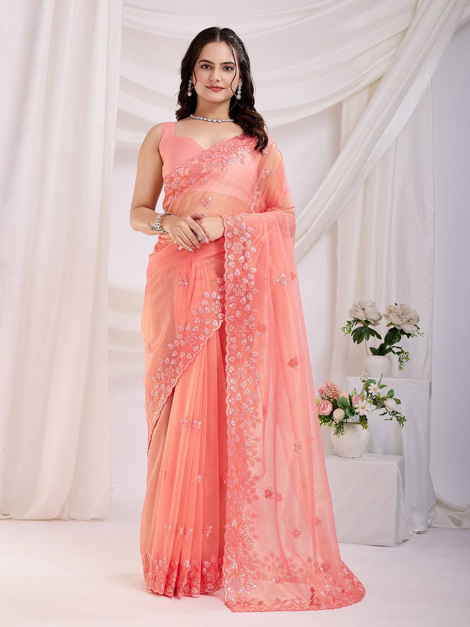 Orange Party Wear Gold Twill Net Saree