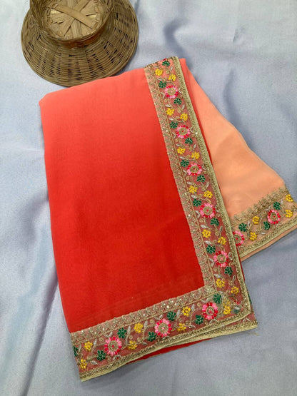 Orange & Peach Digital Printed Georgette Saree