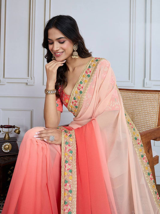 Orange & Peach Digital Printed Georgette Saree