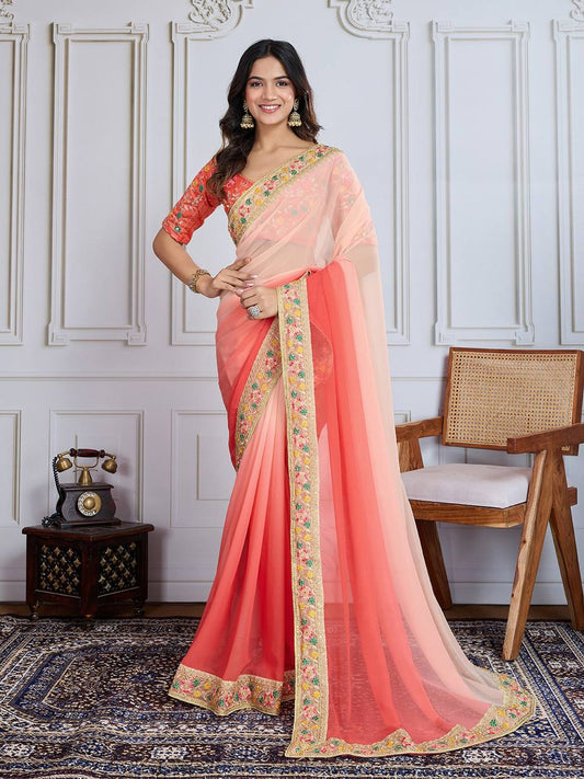 Orange & Peach Digital Printed Georgette Saree