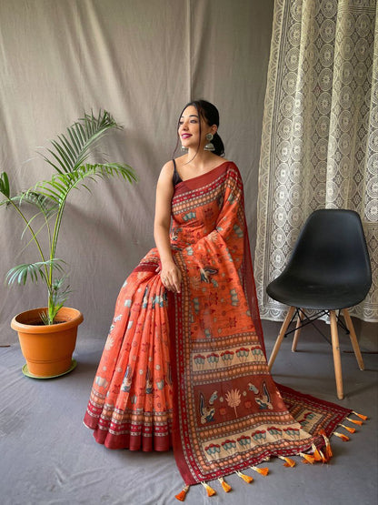Orange Pure Malai Cotton Saree