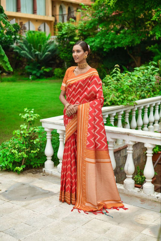 Orange Raw Silk Two Tone Weaving Saree
