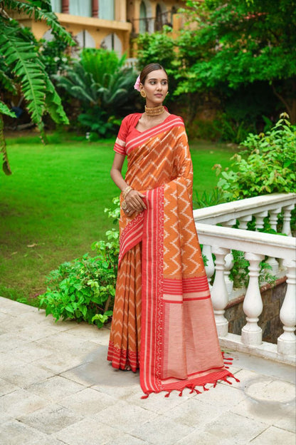 Orange Raw Silk Two Tone Weaving Saree