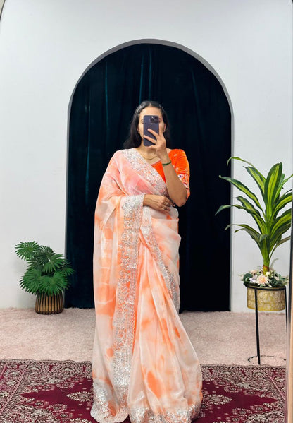 Orange Shibori Printed Burberry Silk Saree