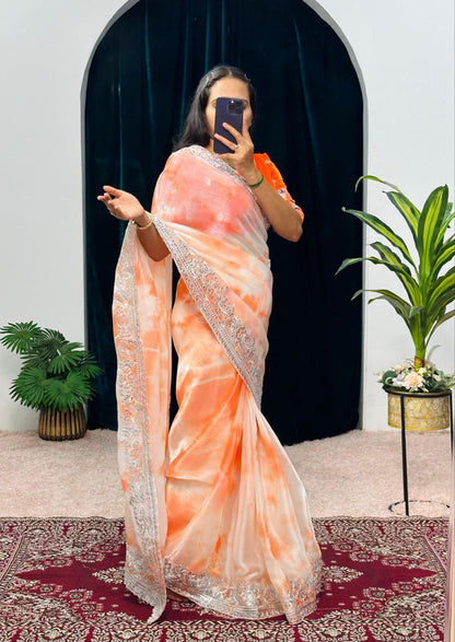 Orange Shibori Printed Burberry Silk Saree