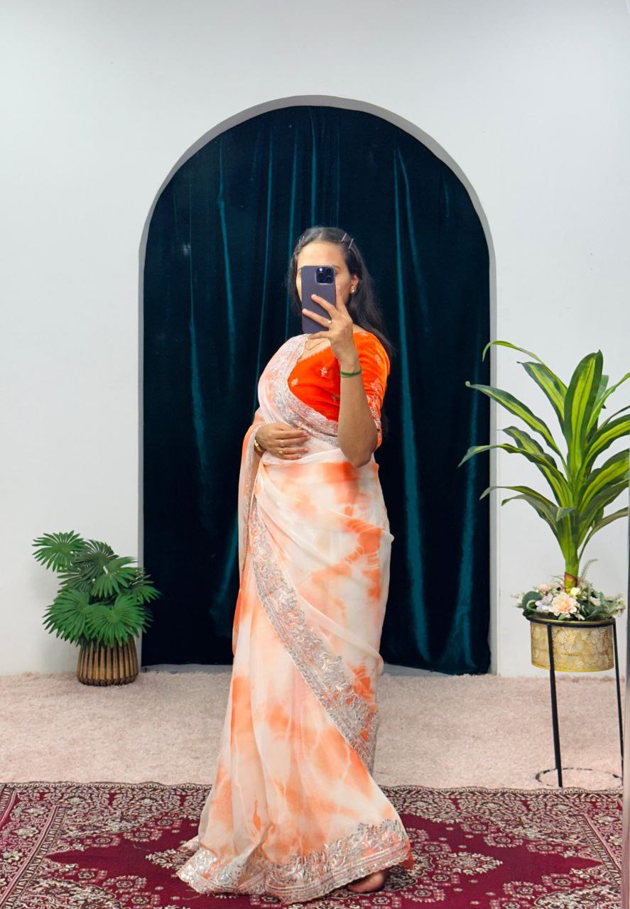 Orange Shibori Printed Burberry Silk Saree