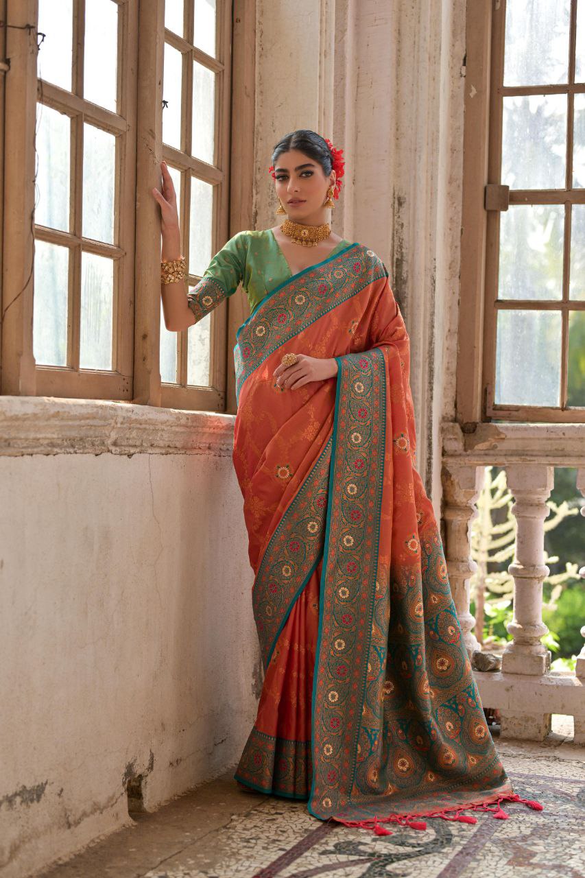 Orangy Red Banarasi Silk Saree For Wedding