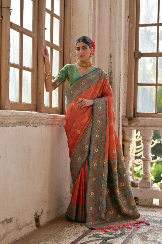 Orangy Red Banarasi Silk Saree For Wedding
