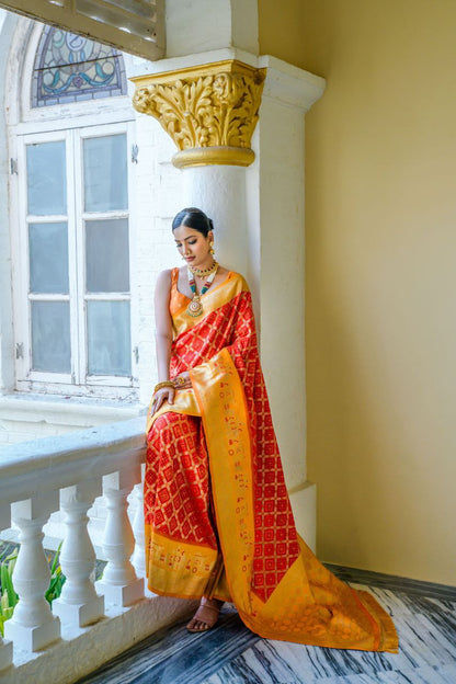 Orangy Red Wedding Wear Banarasi Silk Saree