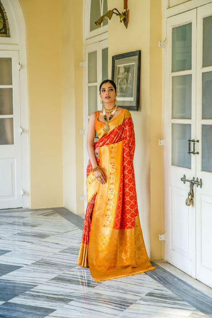 Orangy Red Wedding Wear Banarasi Silk Saree