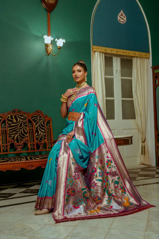 Aqua Paithani Silk Saree