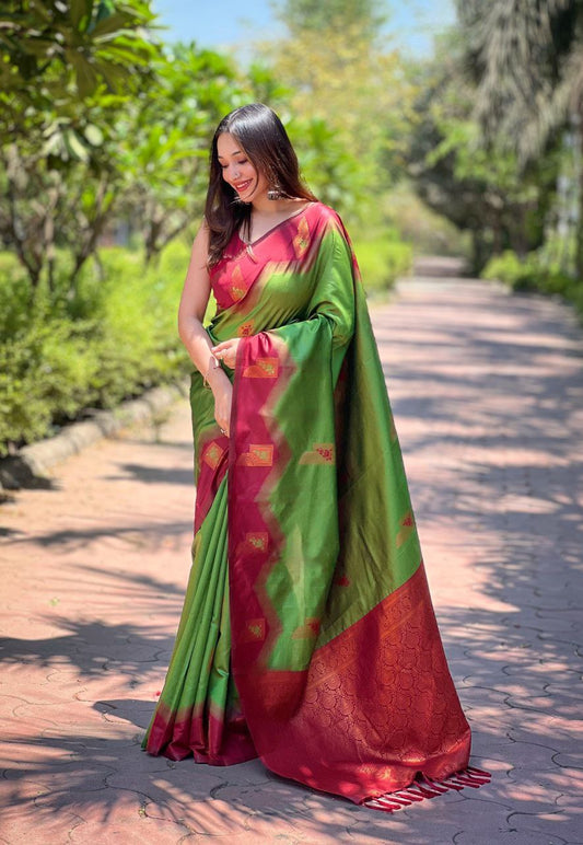 Parrot Green Kanjivaram Pattu Zari Silk Saree