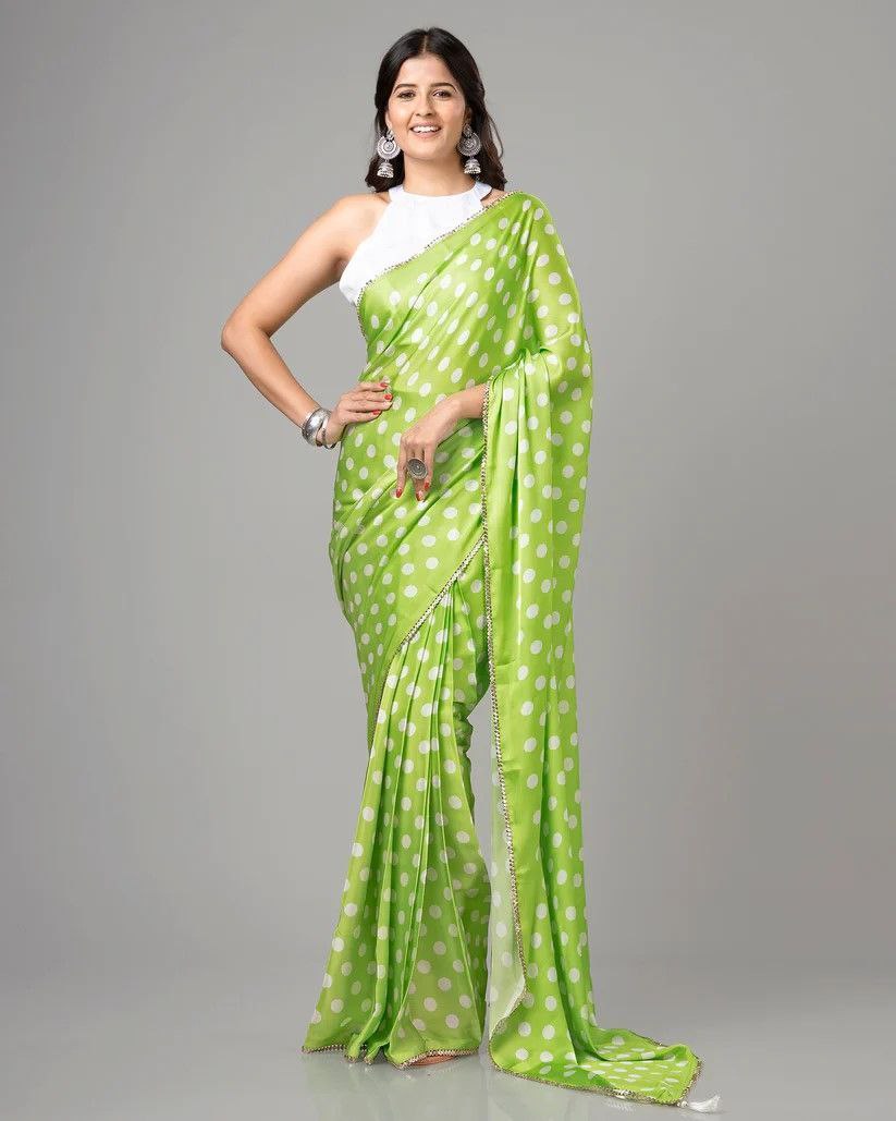 Parrot Green Polka Dot Satin Saree