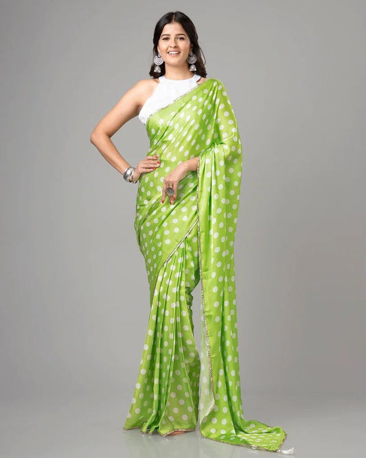Parrot Green Polka Dot Satin Saree