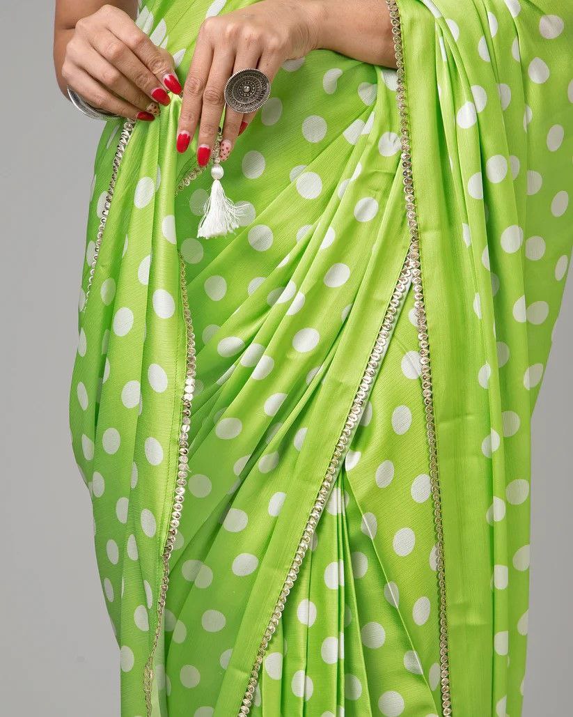 Parrot Green Polka Dot Satin Saree
