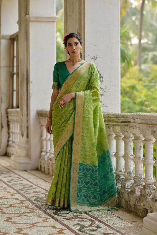 Parrot Green Resham Weaving Raw Silk Saree