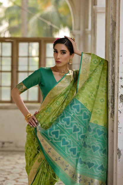Parrot Green Resham Weaving Raw Silk Saree