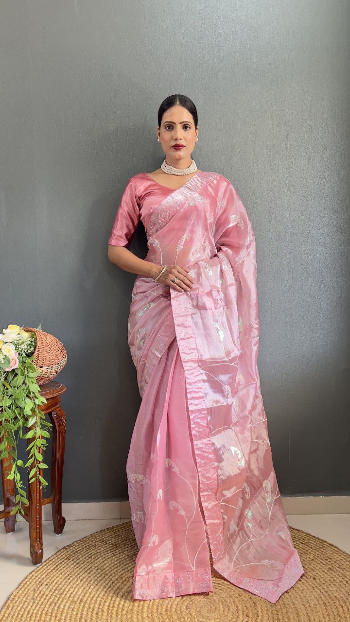 Pink Party Wear Burberry Silk Saree