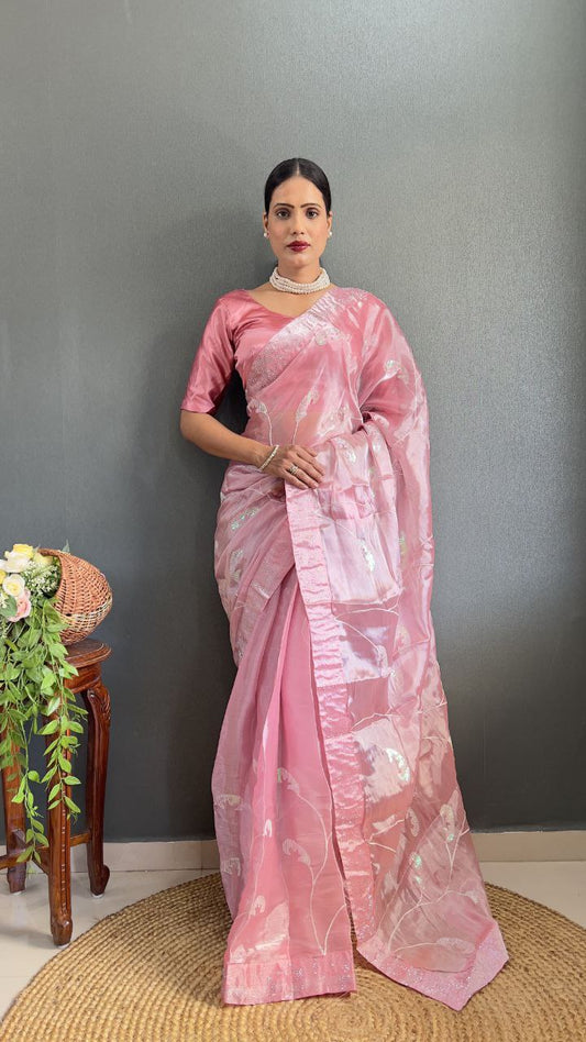 Pink Party Wear Burberry Silk Saree