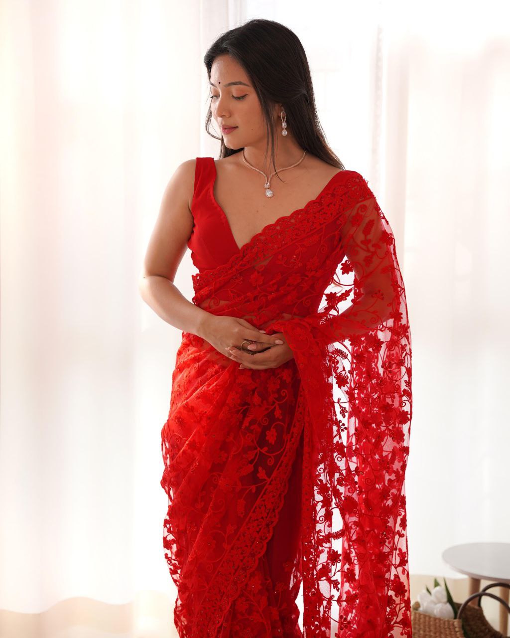 Red Party Wear Butterfly Net Saree