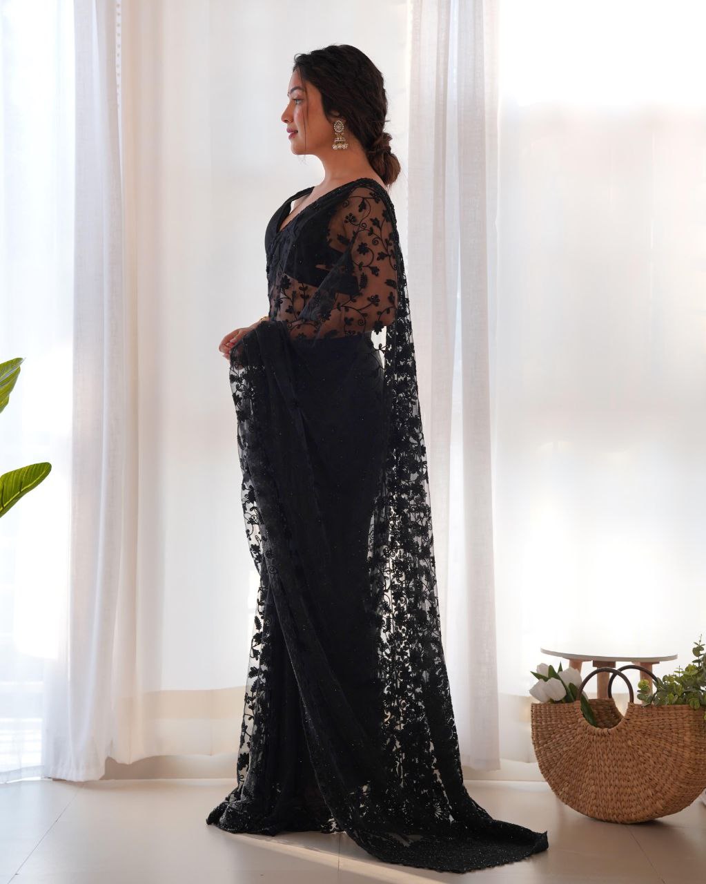 Black Party Wear Butterfly Net Saree