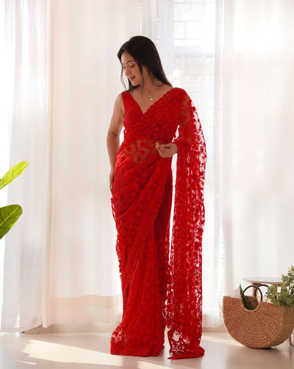 Red Party Wear Butterfly Net Saree
