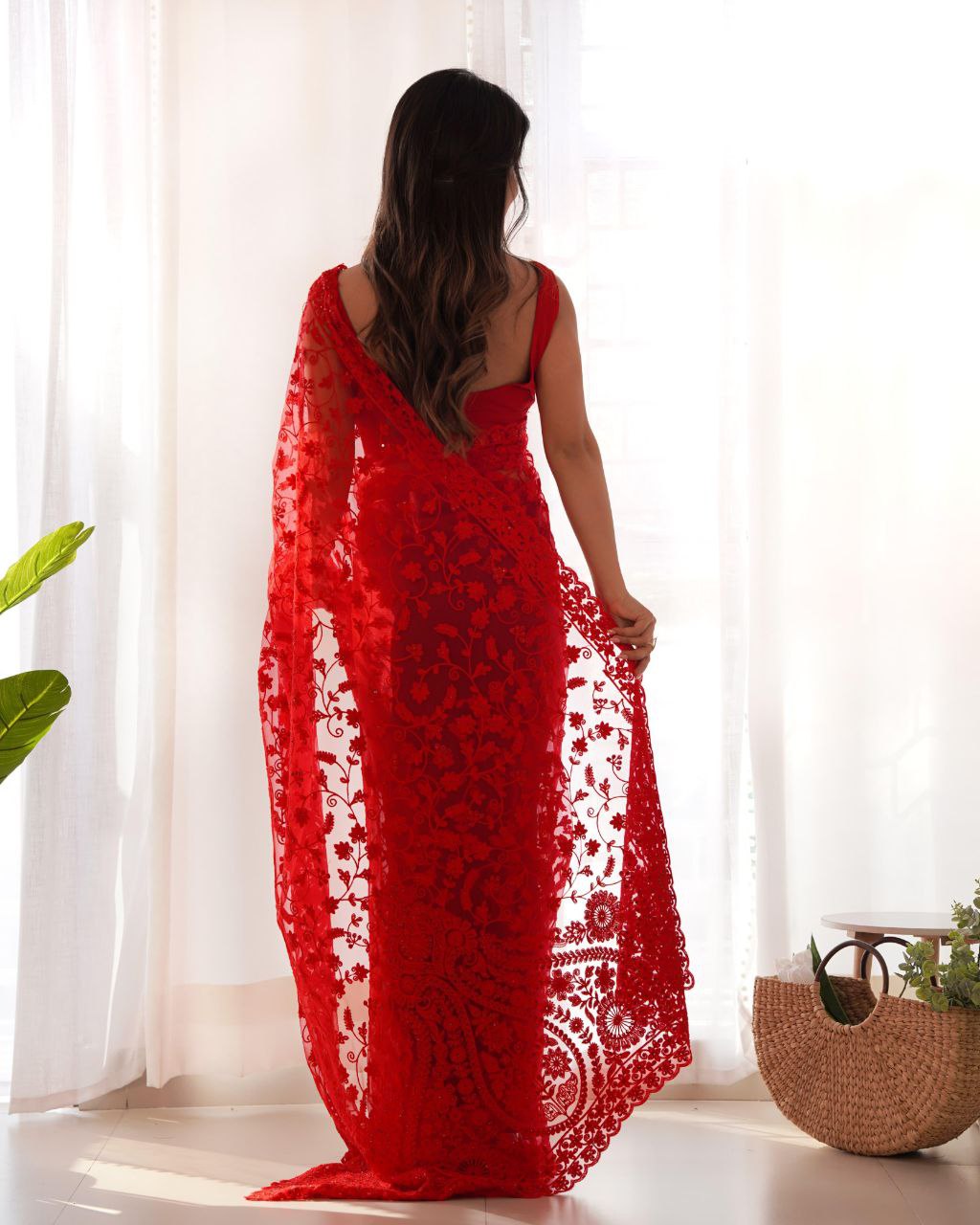 Red Party Wear Butterfly Net Saree