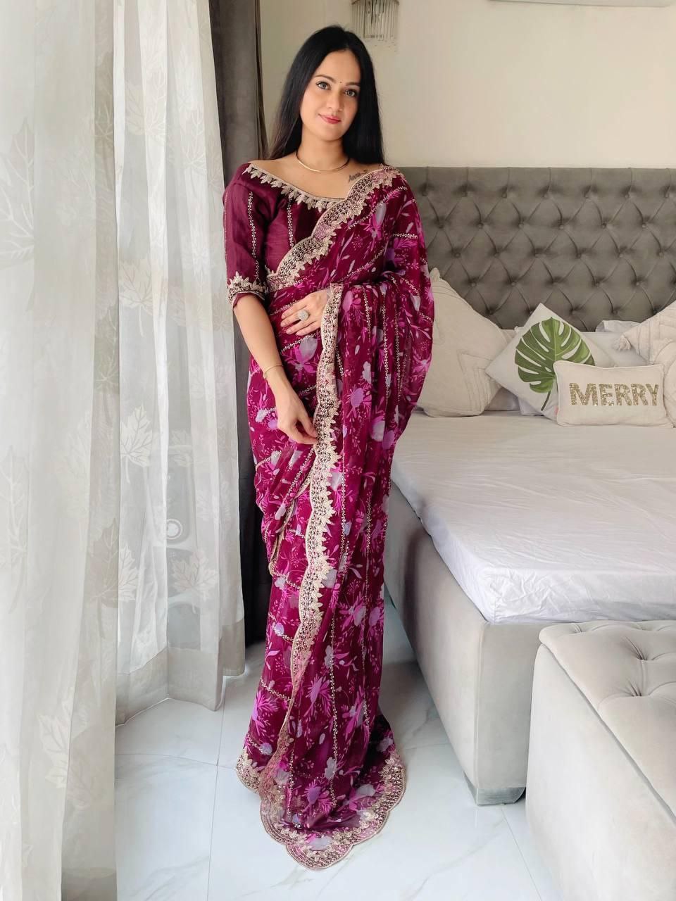 Party Wear Flower Print Digital Georgette Saree