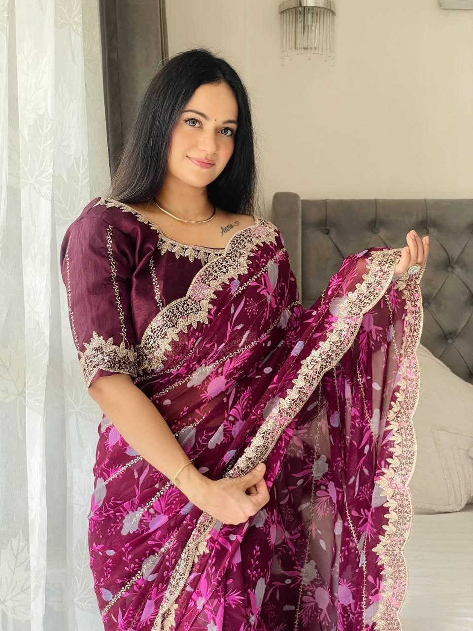 Party Wear Flower Print Digital Georgette Saree