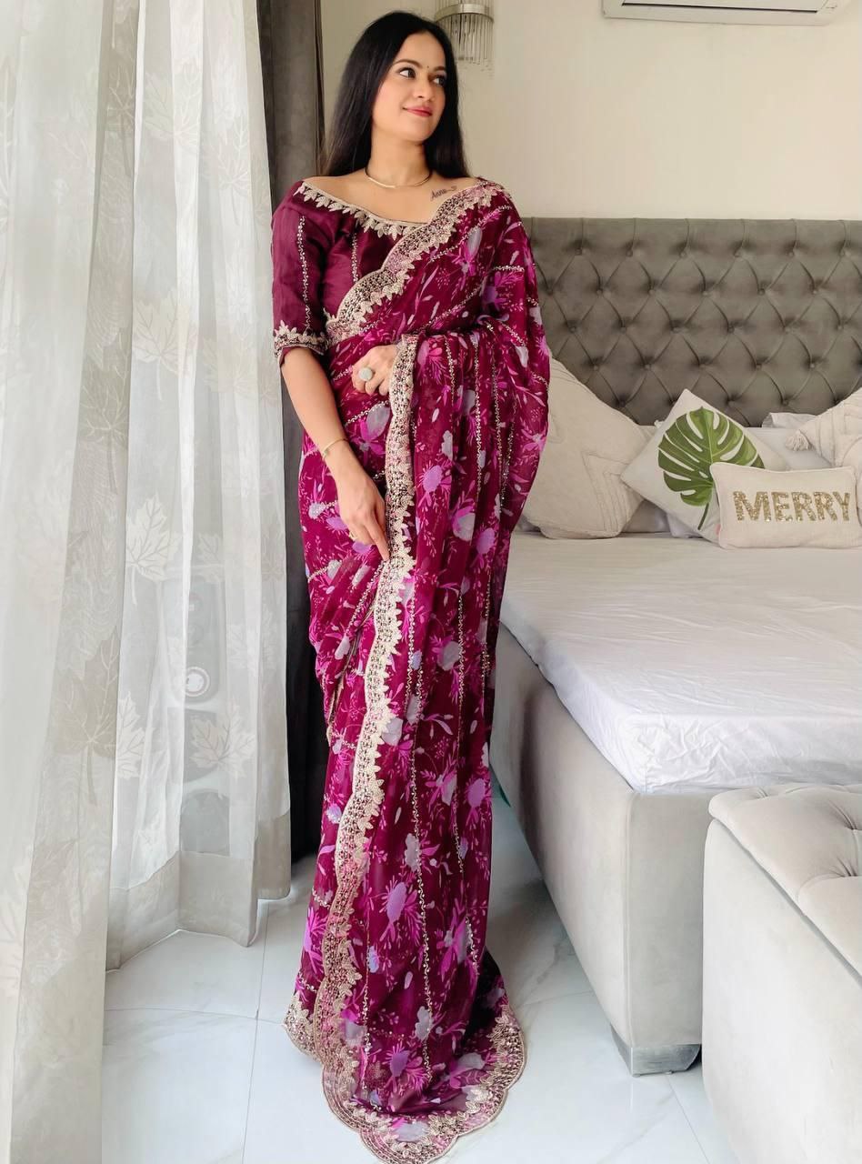Party Wear Flower Print Digital Georgette Saree