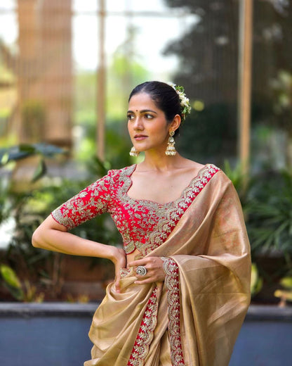 Party Wear Golden Tissue Silk Saree