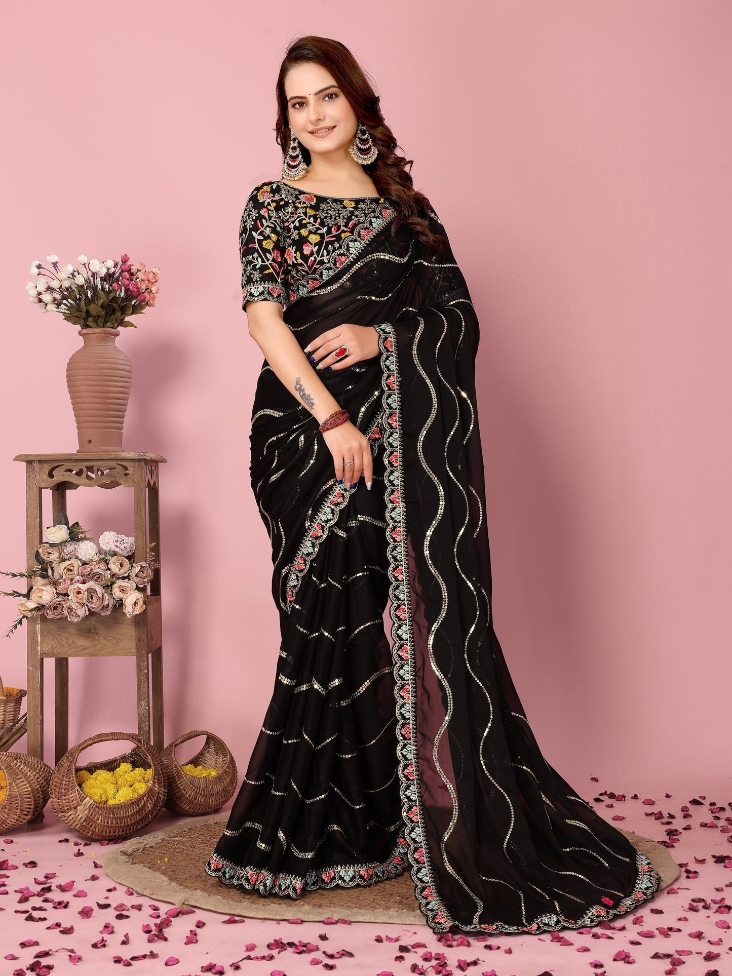 Black Party Wear Rangoli Silk Saree