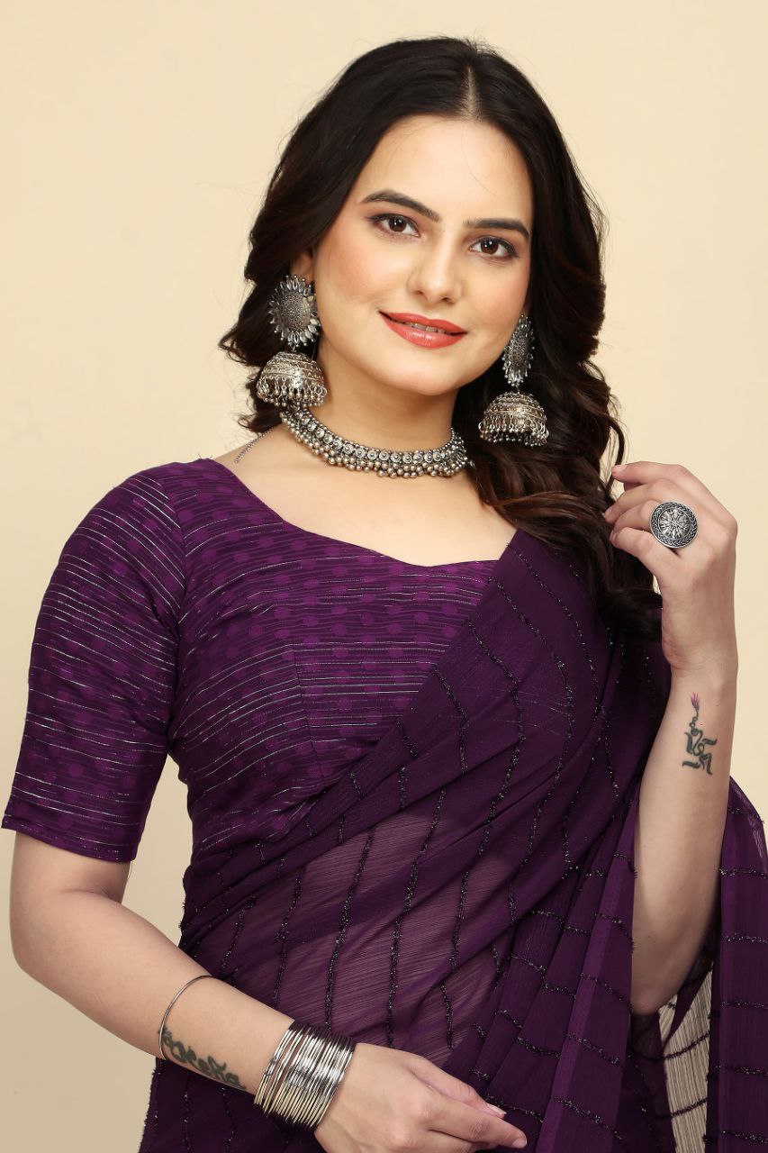 Party Wear Stripe Pattern Chiffon Saree