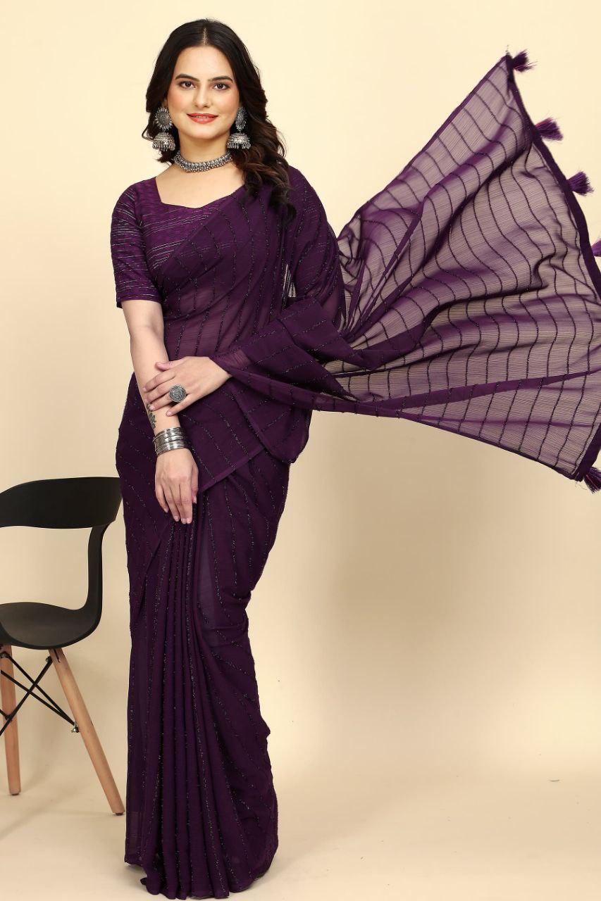 Party Wear Stripe Pattern Chiffon Saree