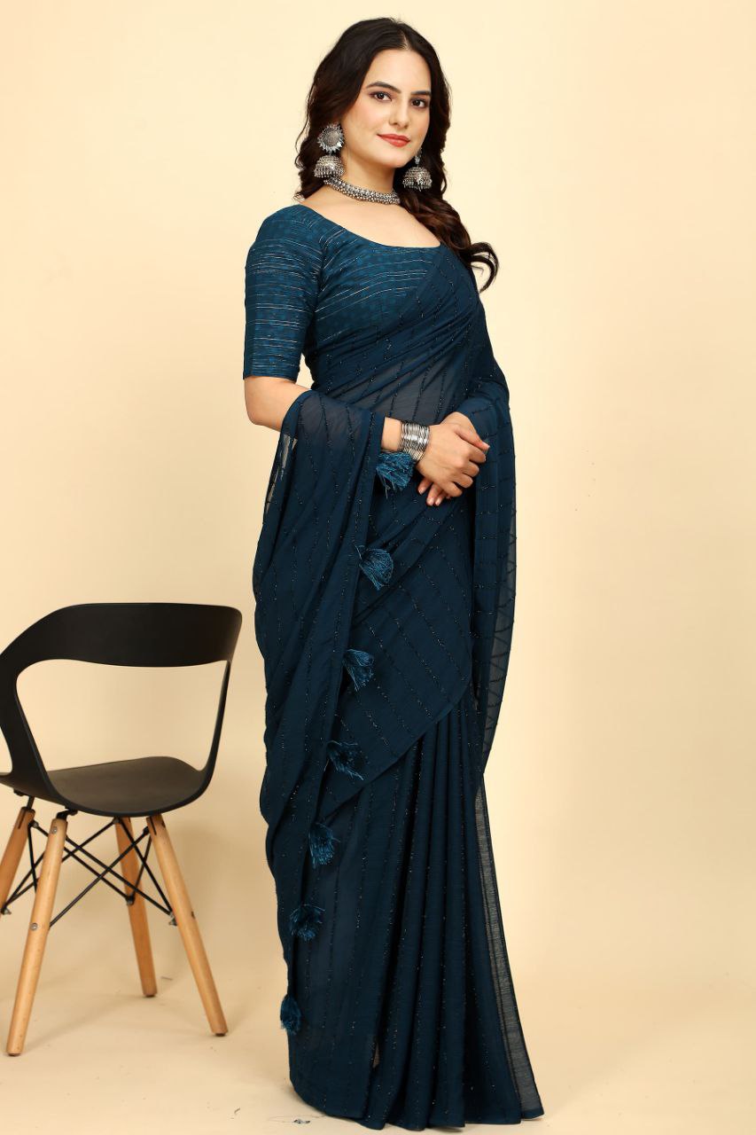 Party Wear Stripe Pattern Chiffon Saree