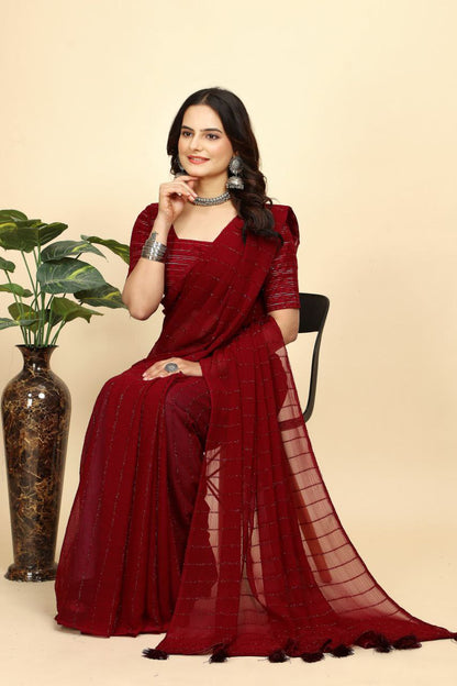 Party Wear Stripe Pattern Chiffon Saree