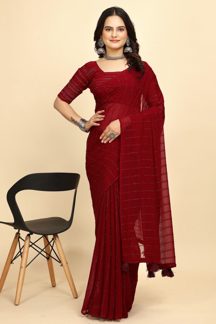 Party Wear Stripe Pattern Chiffon Saree
