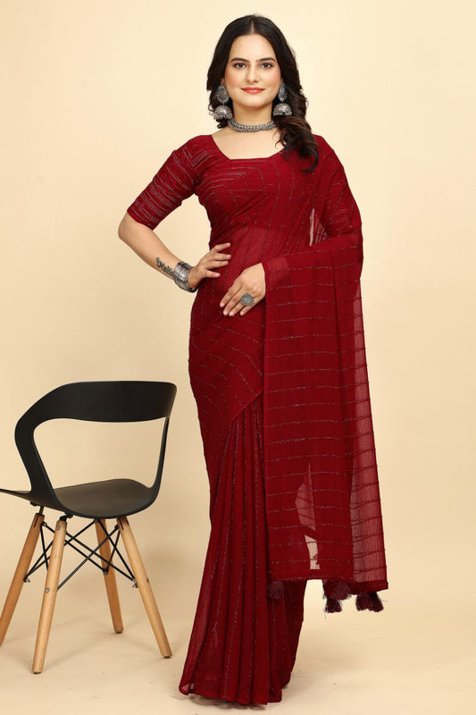Party Wear Stripe Pattern Chiffon Saree