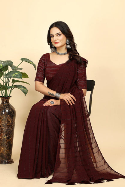 Party Wear Stripe Pattern Chiffon Saree