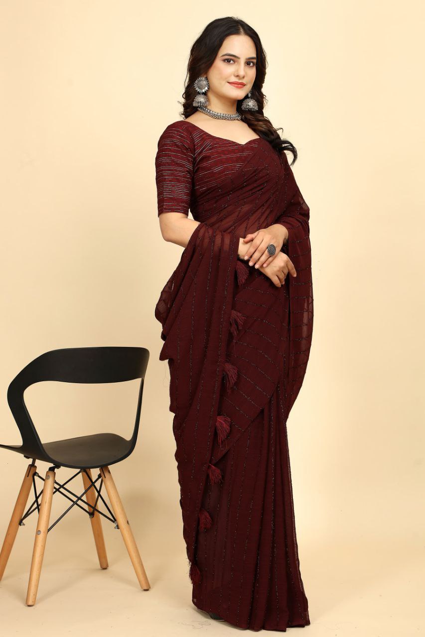 Party Wear Stripe Pattern Chiffon Saree