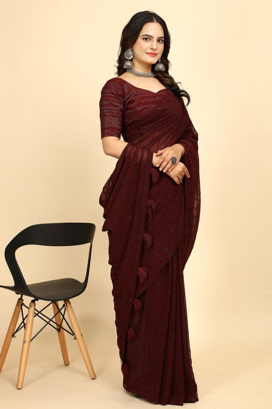 Party Wear Stripe Pattern Chiffon Saree