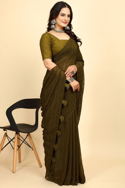 Party Wear Stripe Pattern Chiffon Saree