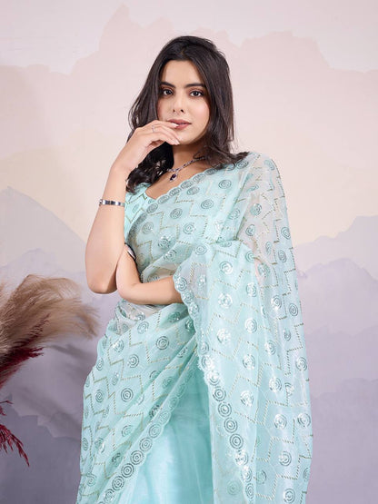 Sky Party Wear Twill Net Saree
