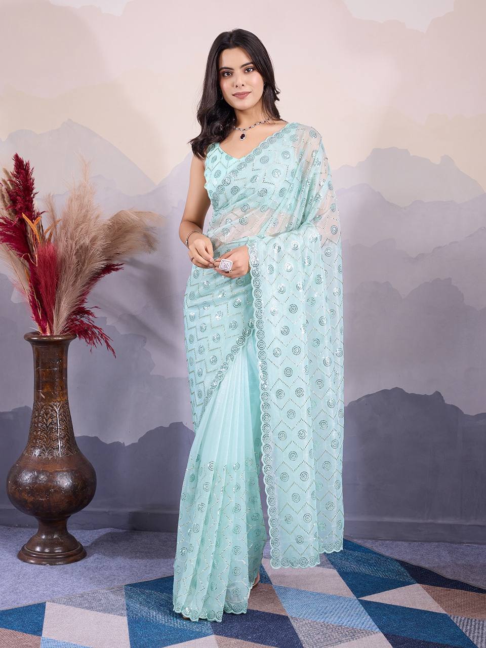 Sky Party Wear Twill Net Saree