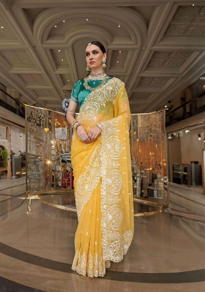 Yellow Designer Shimmer Silk Saree