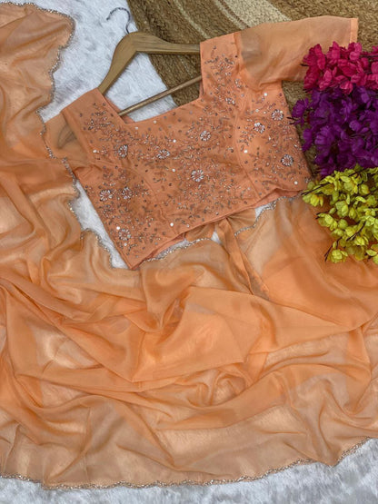 Pastel Orange Tabby Organza Silk Saree