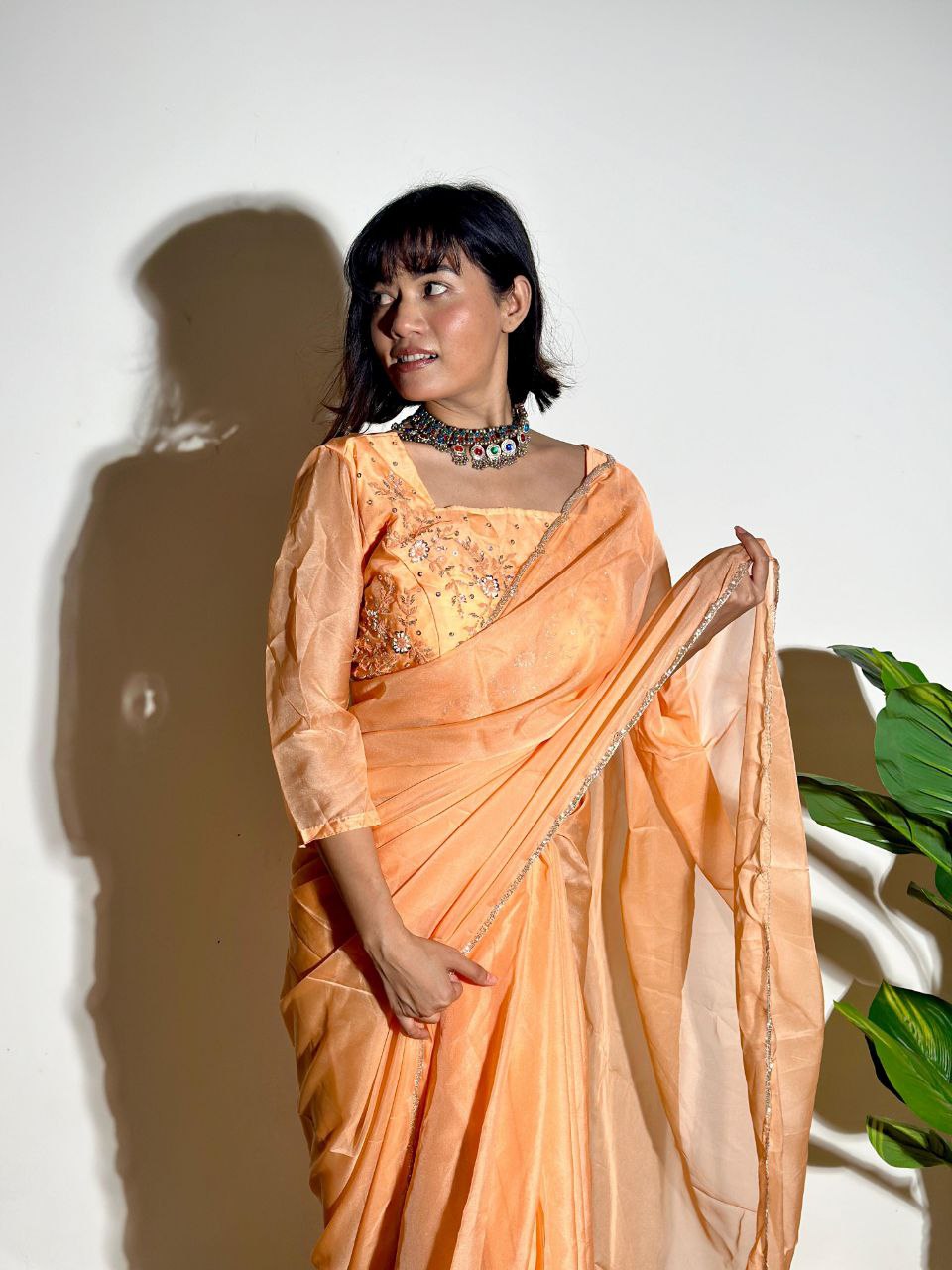 Pastel Orange Tabby Organza Silk Saree