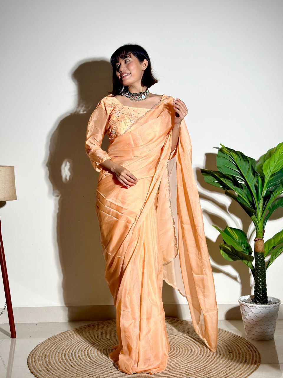 Pastel Orange Tabby Organza Silk Saree